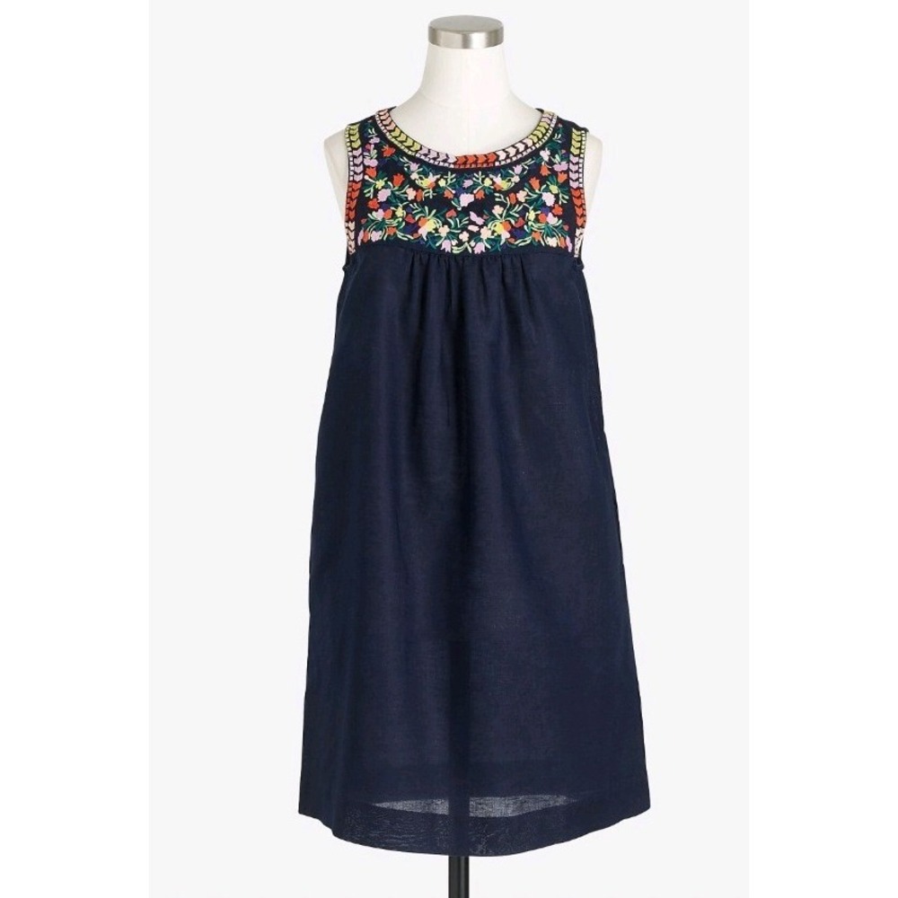 J Crew Navy Sleeveless Dress Boho Size 12 Embroidered Flowers Cotton Lightweight